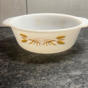 Fire King White Casserole Dish Golden Wheat Design. Exc condition
